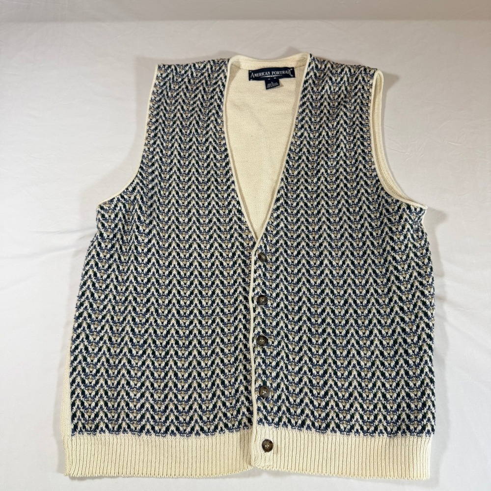American Portrait Vintage Cotton Sweater Vest Chevron Zigzag Button Front Large